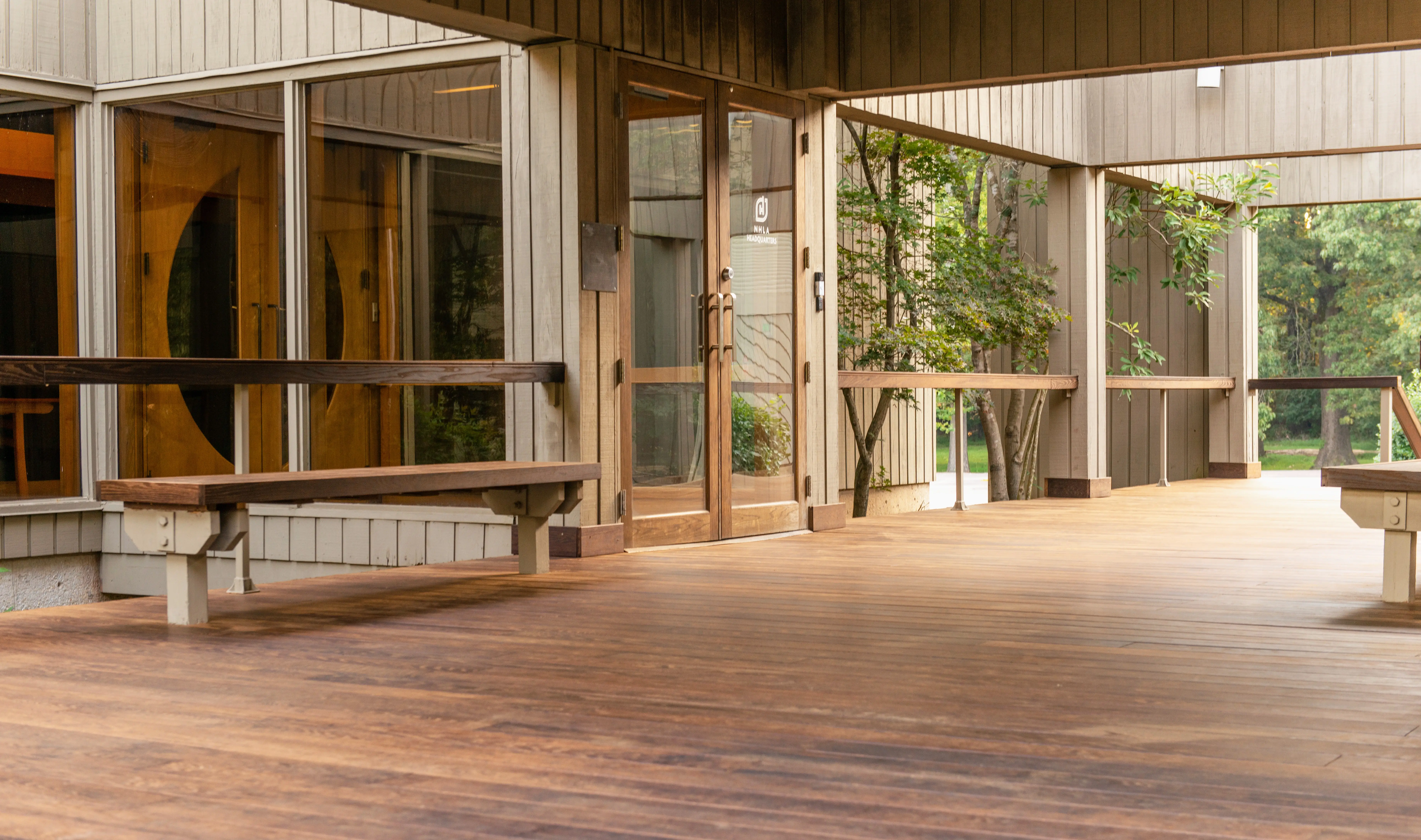 NHLA headquarters breezeway featuring Americana thermally modified oak decking